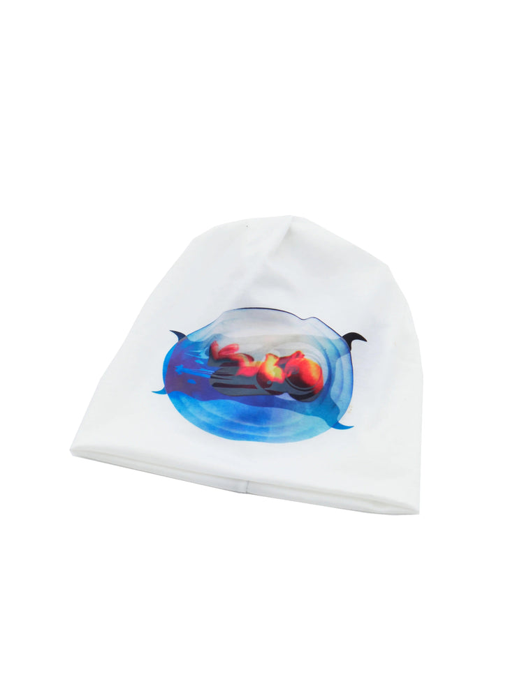 EMBRYO PLAN white graphic slouch beanie — rear modeled view