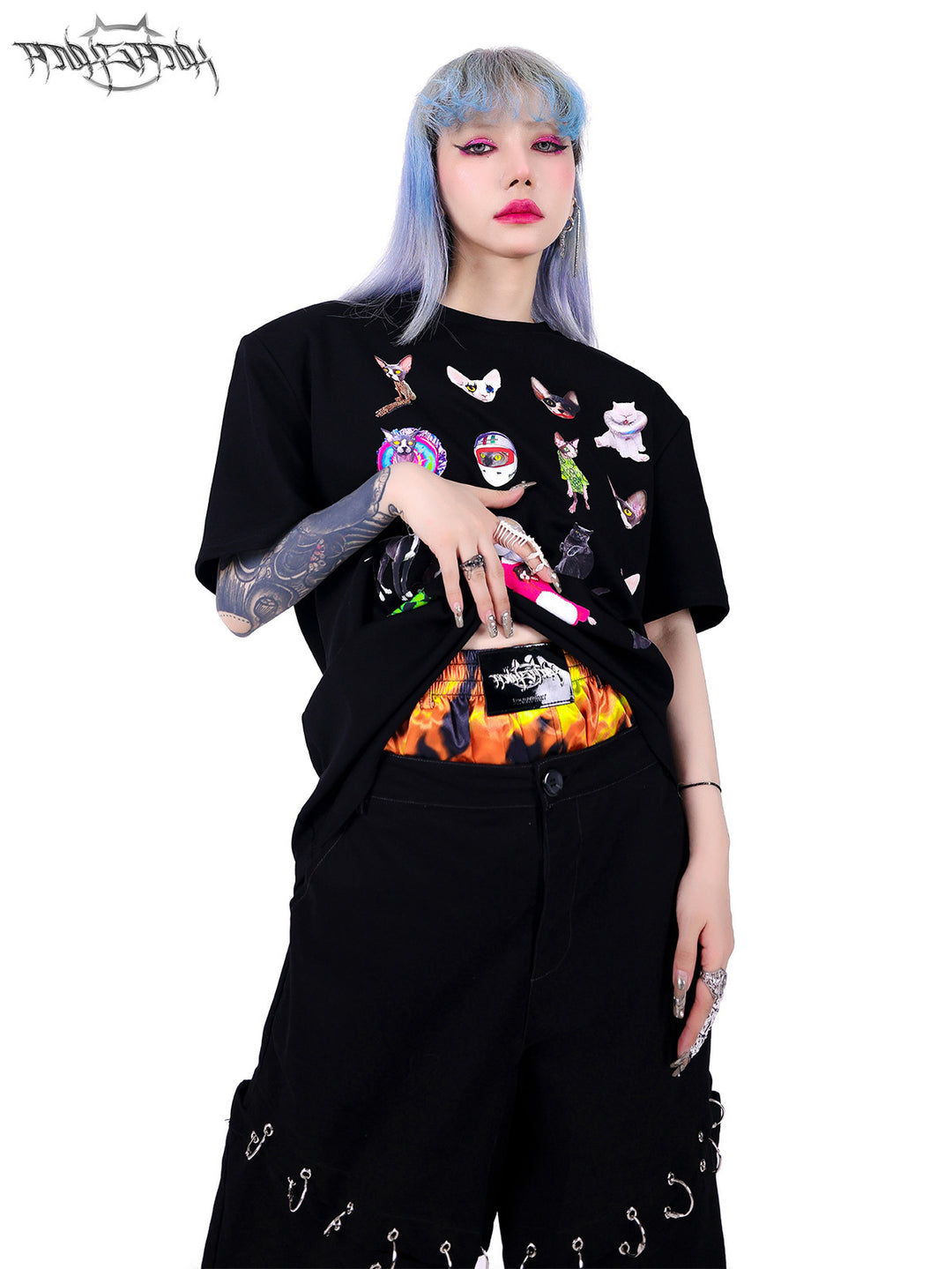 PINKSPINK ELECTRIC MOON double-waist detachable straight-leg pants — full-length modeled styling view