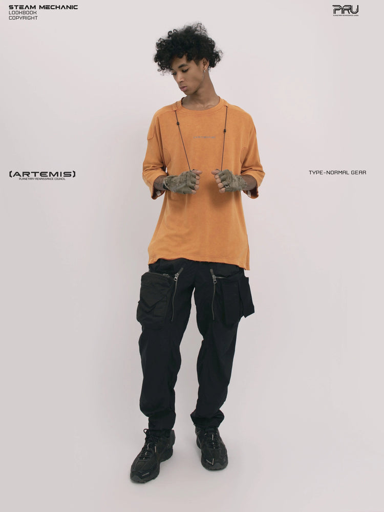LIGHTSHADOW eclipse orange deconstructed technical tee — full-length front view looking down while holding the drawcords