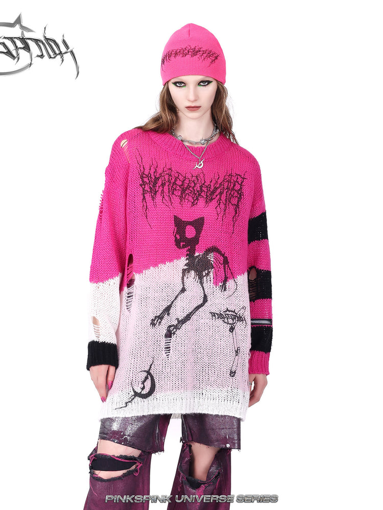 PINKSPINK GALAXY LIGHTNING logo knit beanie — full-length modeled styling view