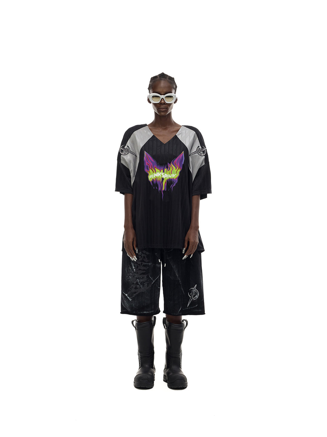 PINKSPINK FLAMECAT oversized sports jersey in black and gray — neutral loose front counterpart to the second gallery image