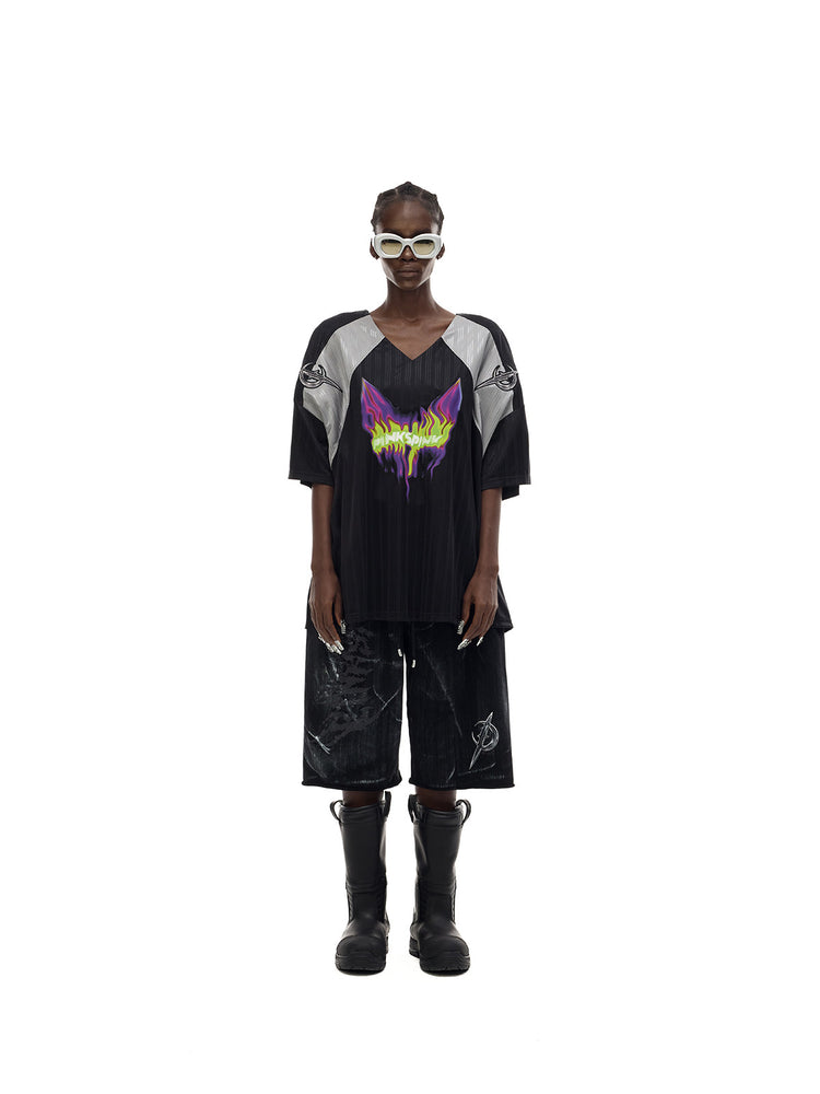 PINKSPINK FLAMECAT oversized sports jersey in black and gray — neutral loose front counterpart to the second gallery image