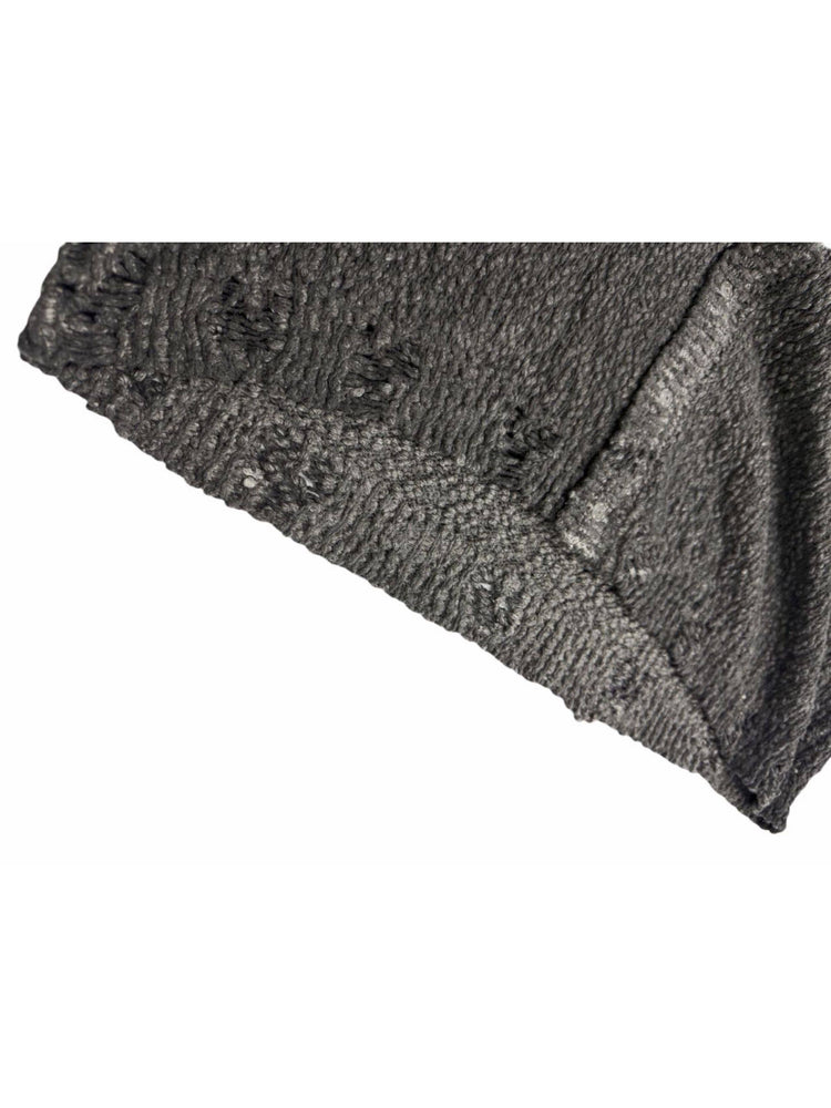PIONEER moon dust gray moon-protection distressed sweater — close-up of the torn ribbed hem and lower buttons
