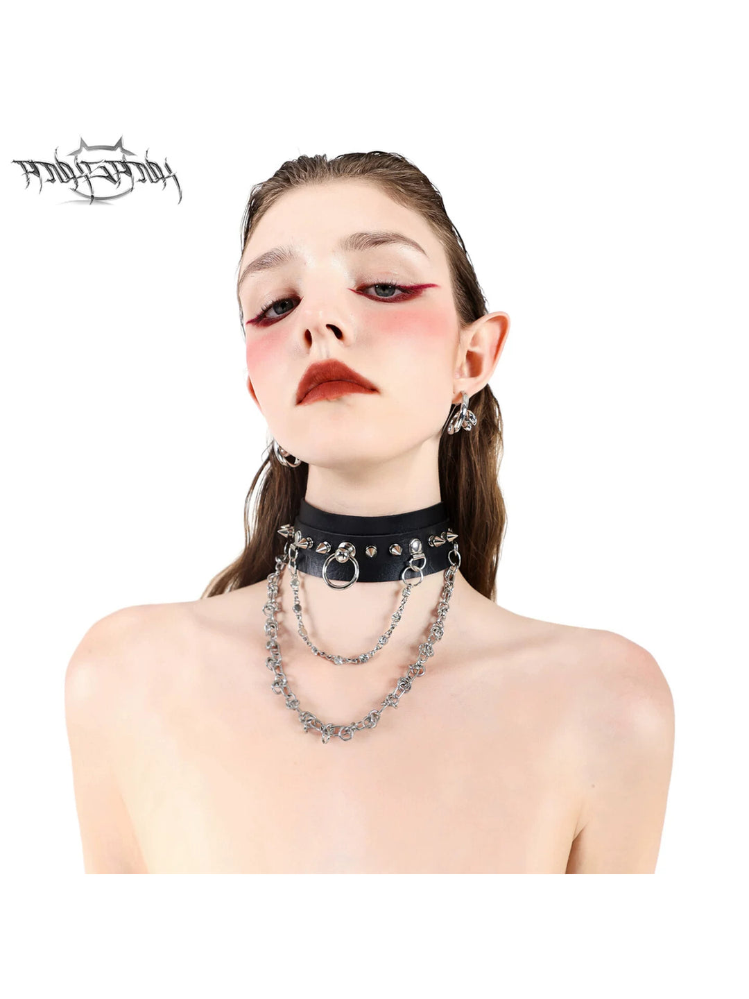PINKSPINK SPIKE RING studded chain choker in black — front modeled close-up showing the ring, studs and layered chains