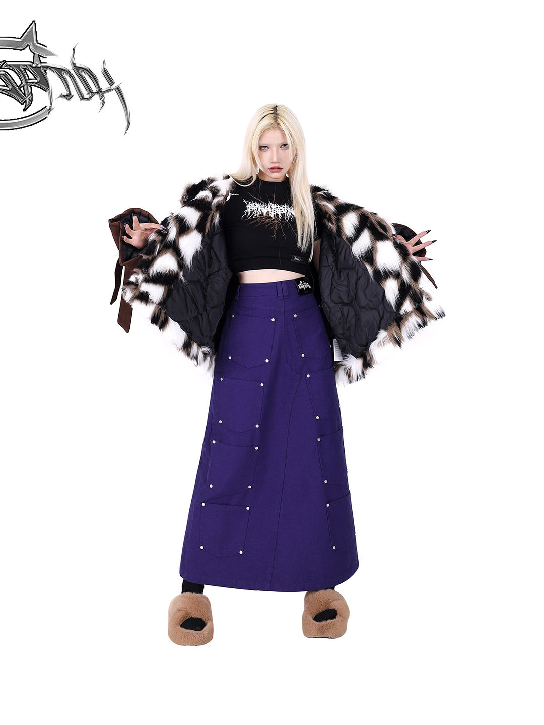 PINKSPINK DNA reconstructed multi-pocket denim maxi skirt — front full-length modeled view styled with an open padded jacket