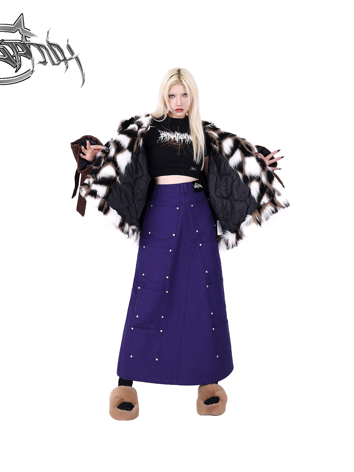 PINKSPINK DNA reconstructed multi-pocket denim maxi skirt — front full-length modeled view styled with an open padded jacket