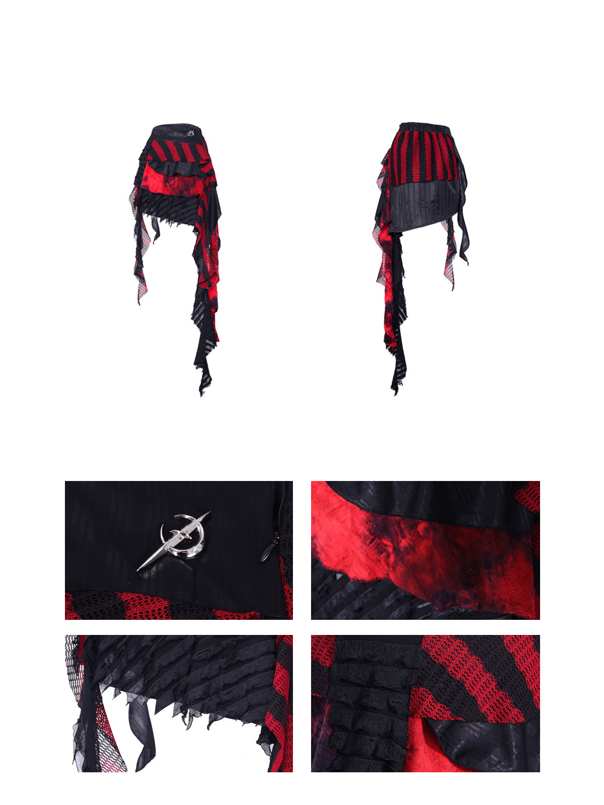 PINKSPINK ELECTRIC MOON layered striped mesh mini skirt — black and red — front and back garment views with fabric detail close-ups