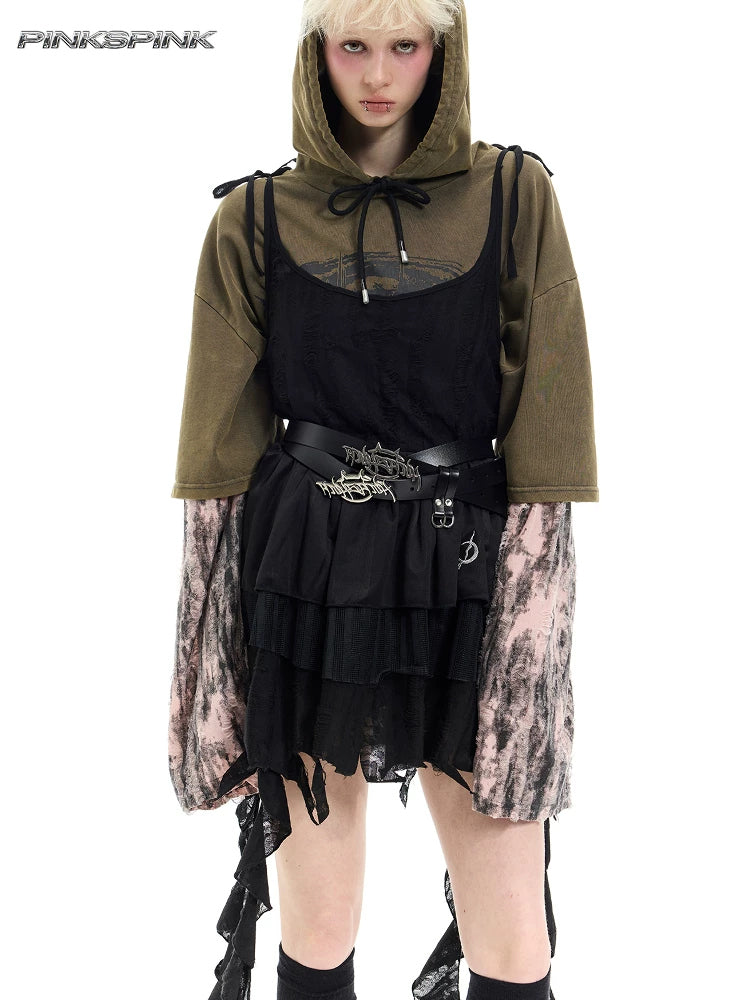 PINKSPINK ELECTRIC MOON two-way layered lace mini dress — black dress layered over an olive hooded tee — front modeled view