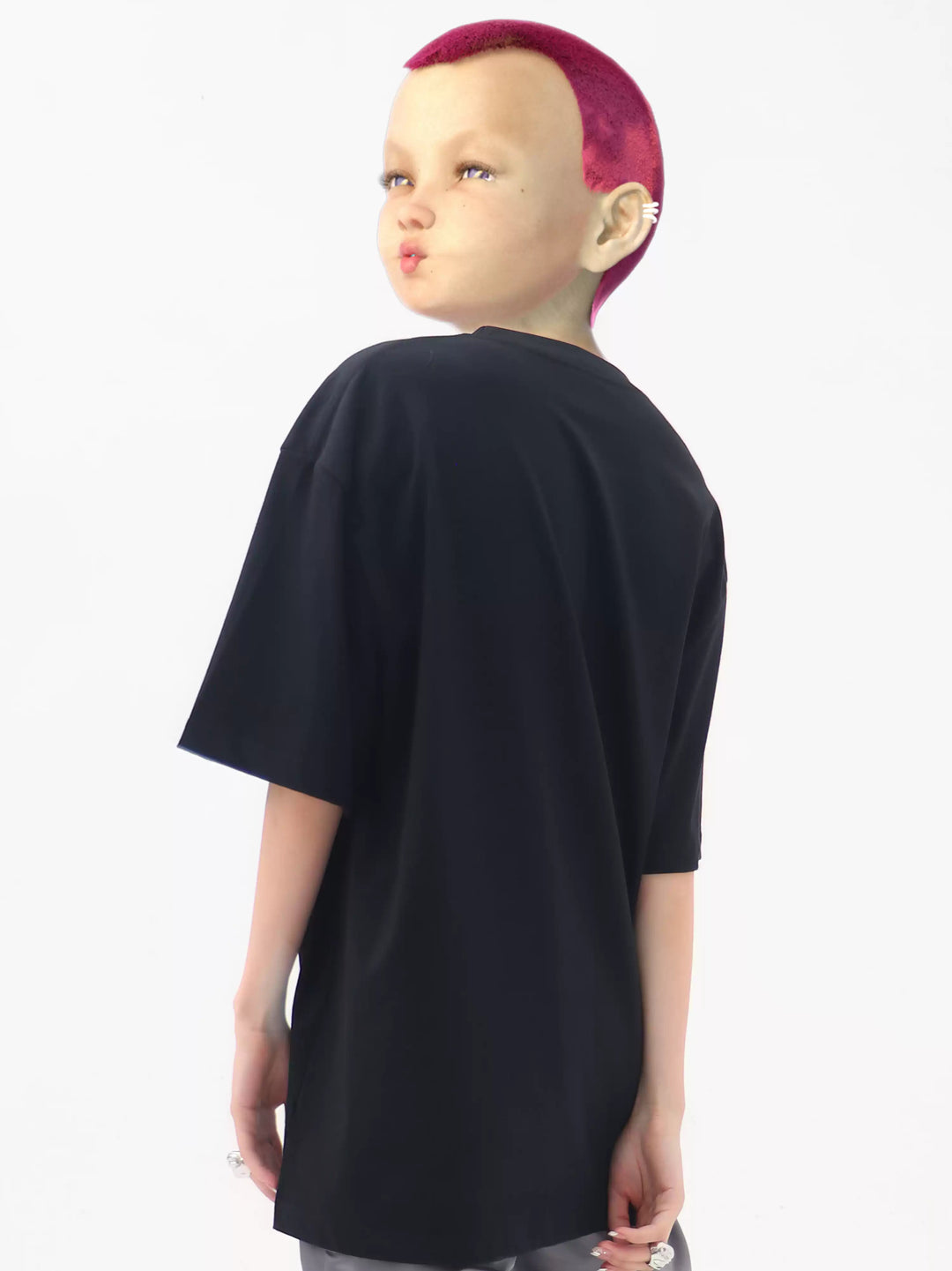 EMBRYO E23 LITTLE ONE oversized black graphic tee — side profile