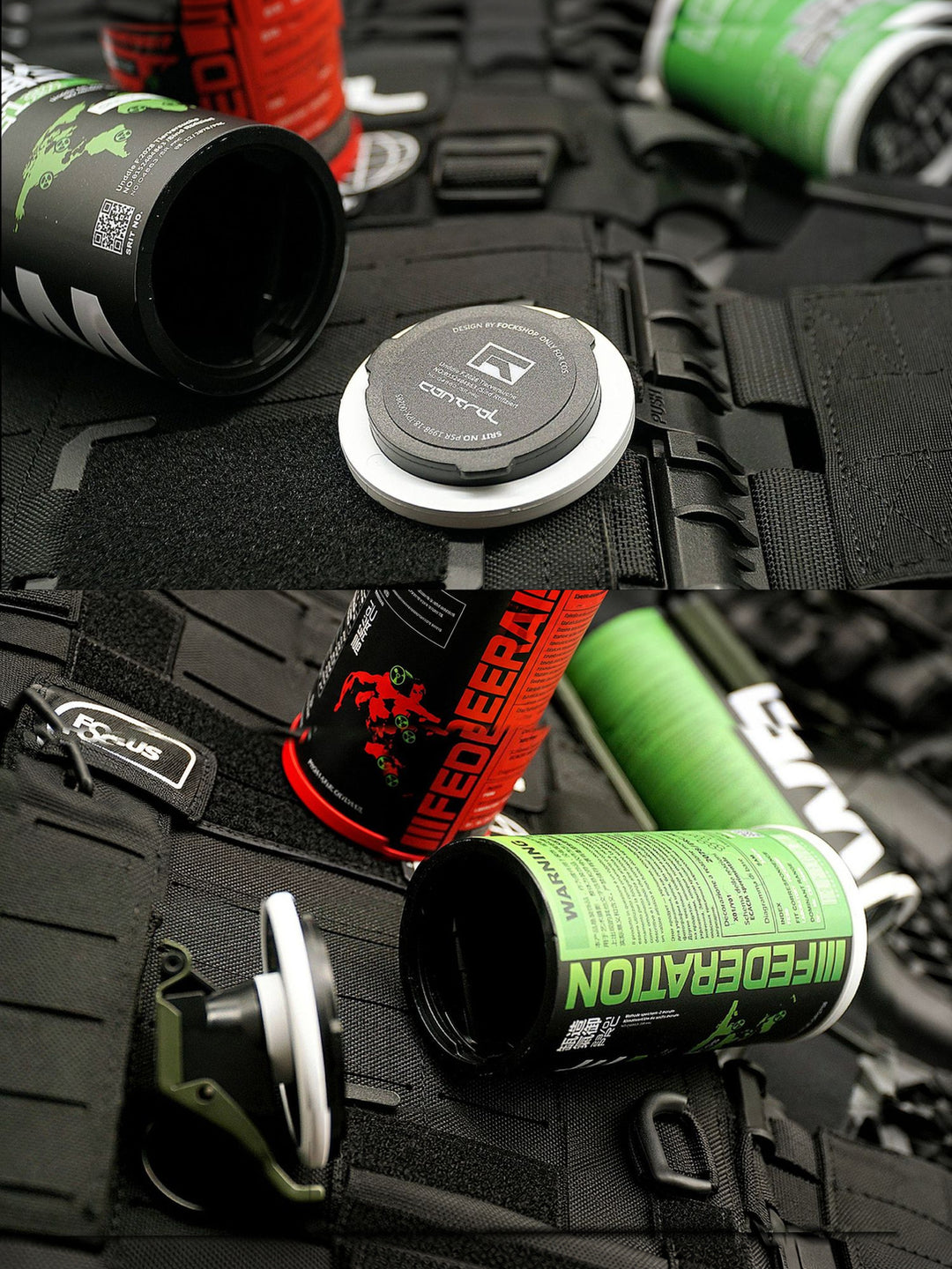 FOCKSHOP REBORN reactor canister prop — two-panel detail showing the hollow canister with bottom and top caps removed