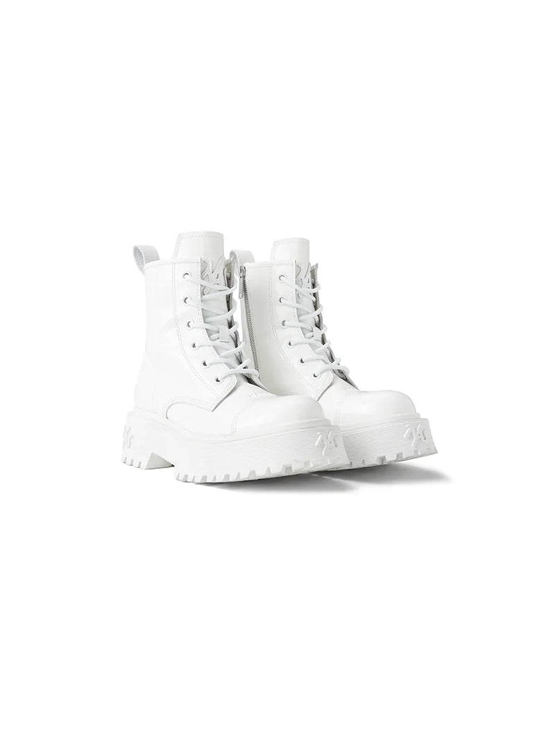 NAWS KNIGHT leather platform lace-up boots in SILVER GRAY WHITE — three-quarter shoe-only view of the white leather boots.