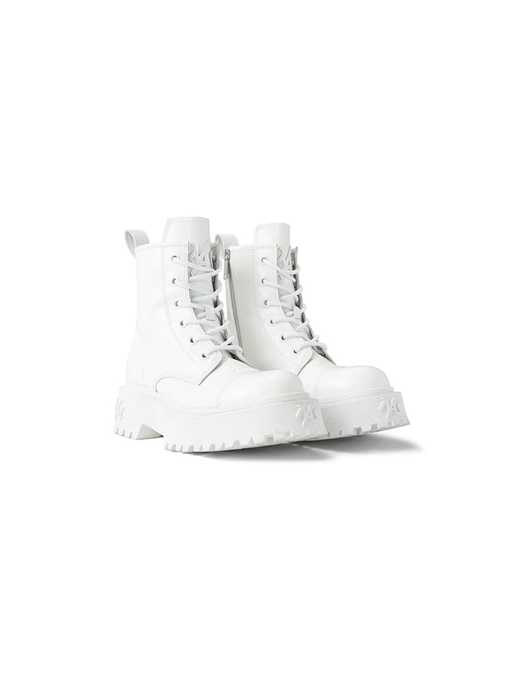 NAWS KNIGHT leather platform lace-up boots in SILVER GRAY WHITE — three-quarter shoe-only view of the white leather boots.
