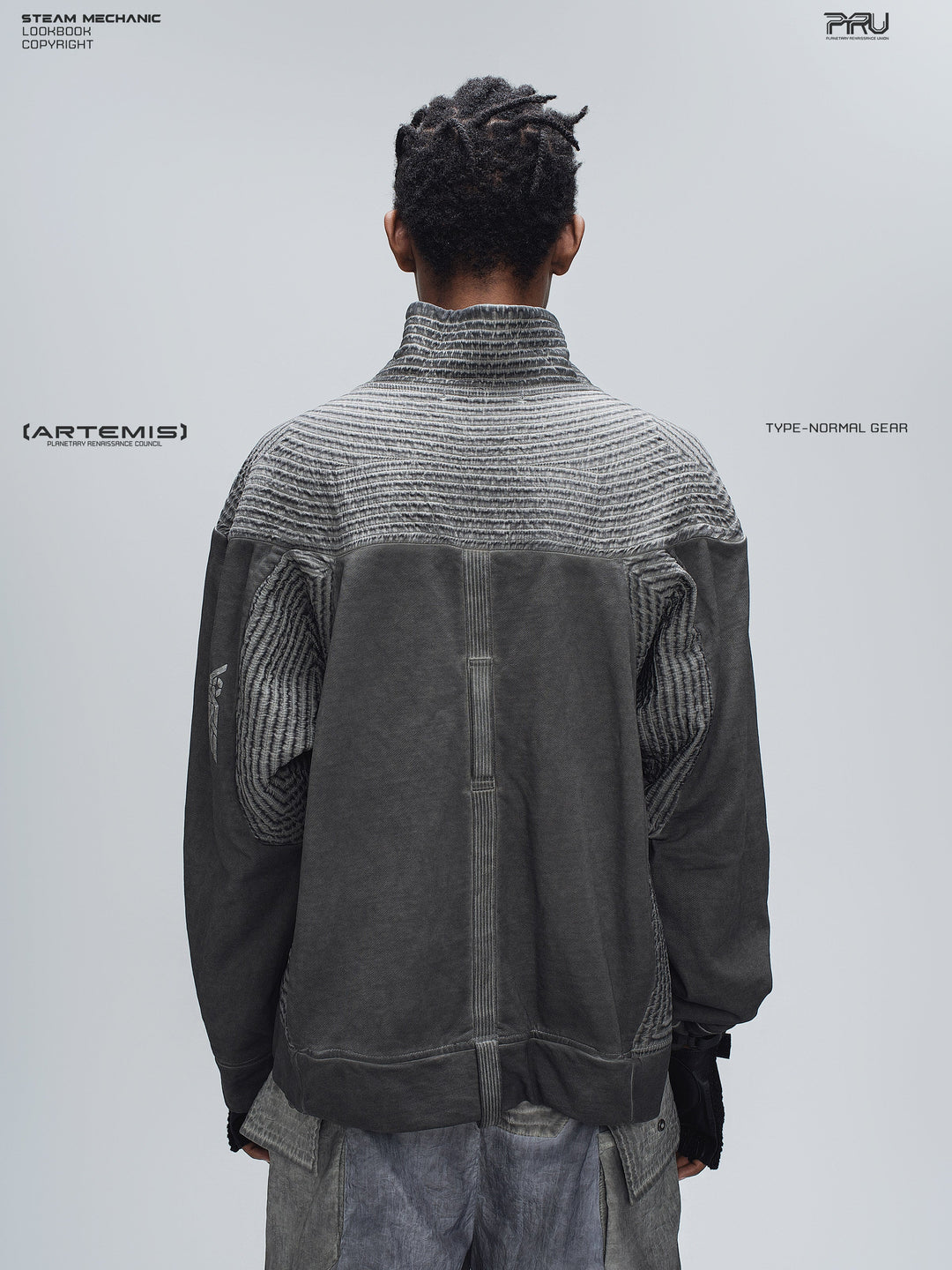 PIONEER moon dust gray distressed protection zip jacket — rear modeled view