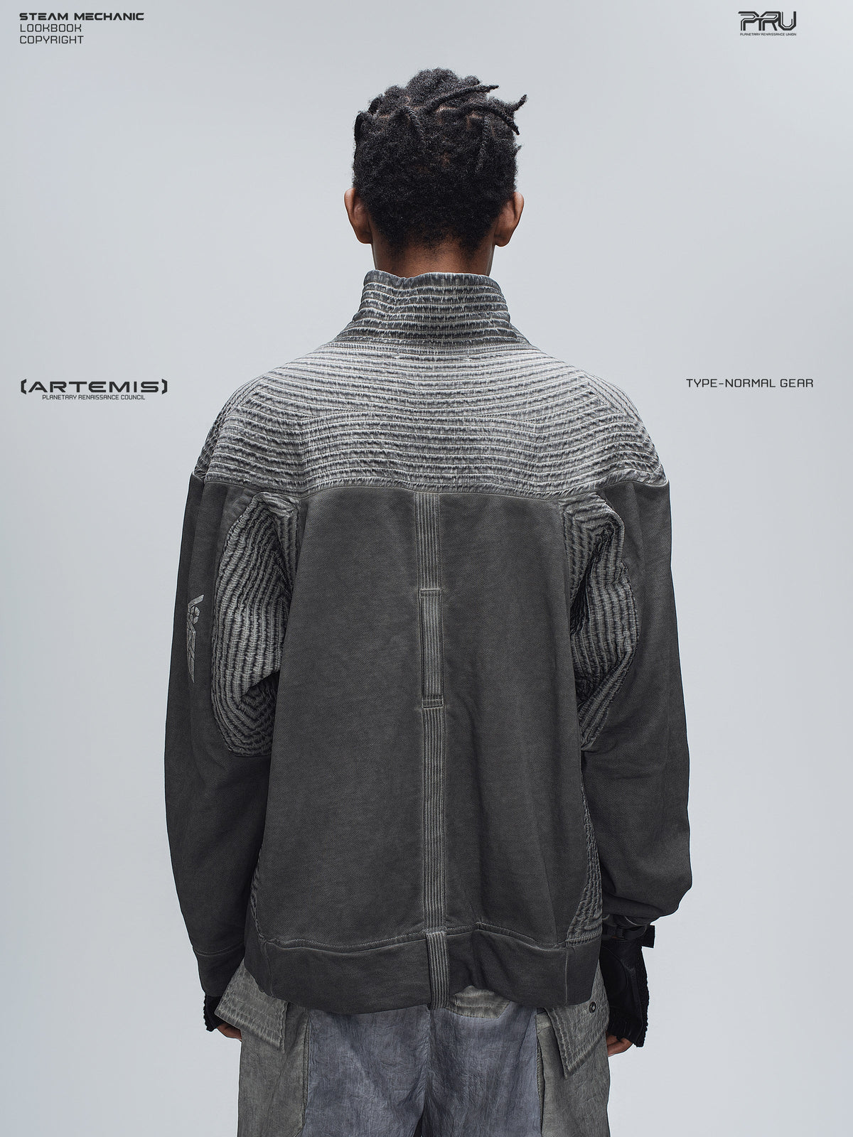 PIONEER moon dust gray distressed protection zip jacket — rear modeled view