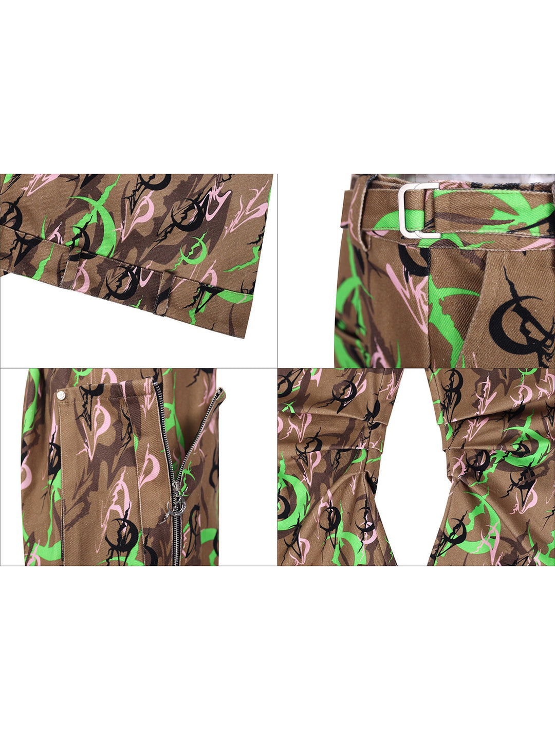 PINKSPINK ELECTRIC MOON sculpted camo cargo trousers in CAMOUFLAGE — four-panel print,waist-adjuster,zipper and sculpted-pocket details.
