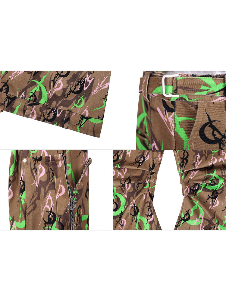 PINKSPINK ELECTRIC MOON sculpted camo cargo trousers in CAMOUFLAGE — four-panel print,waist-adjuster,zipper and sculpted-pocket details.