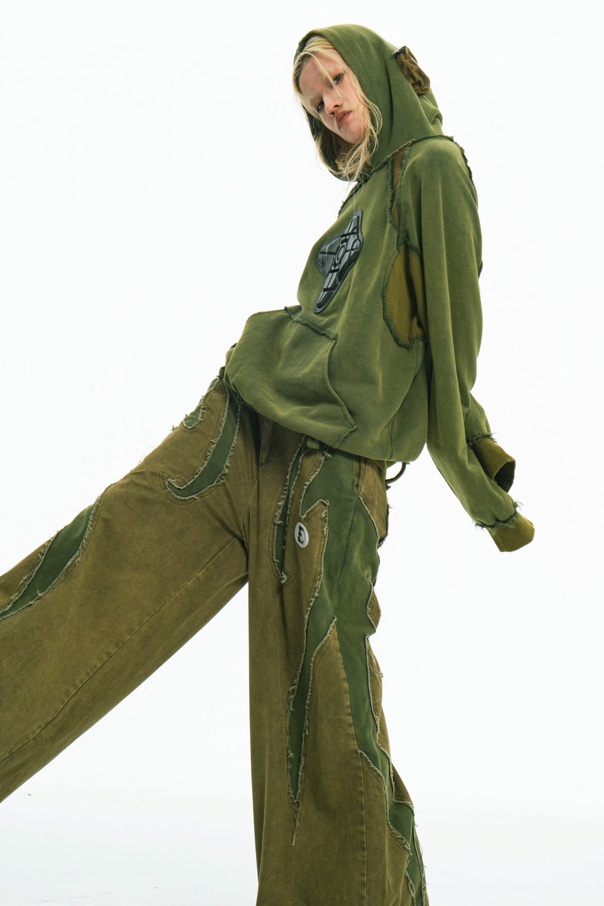 EMBRYO GREEN GUARD distressed armor hoodie — material and hardware detail