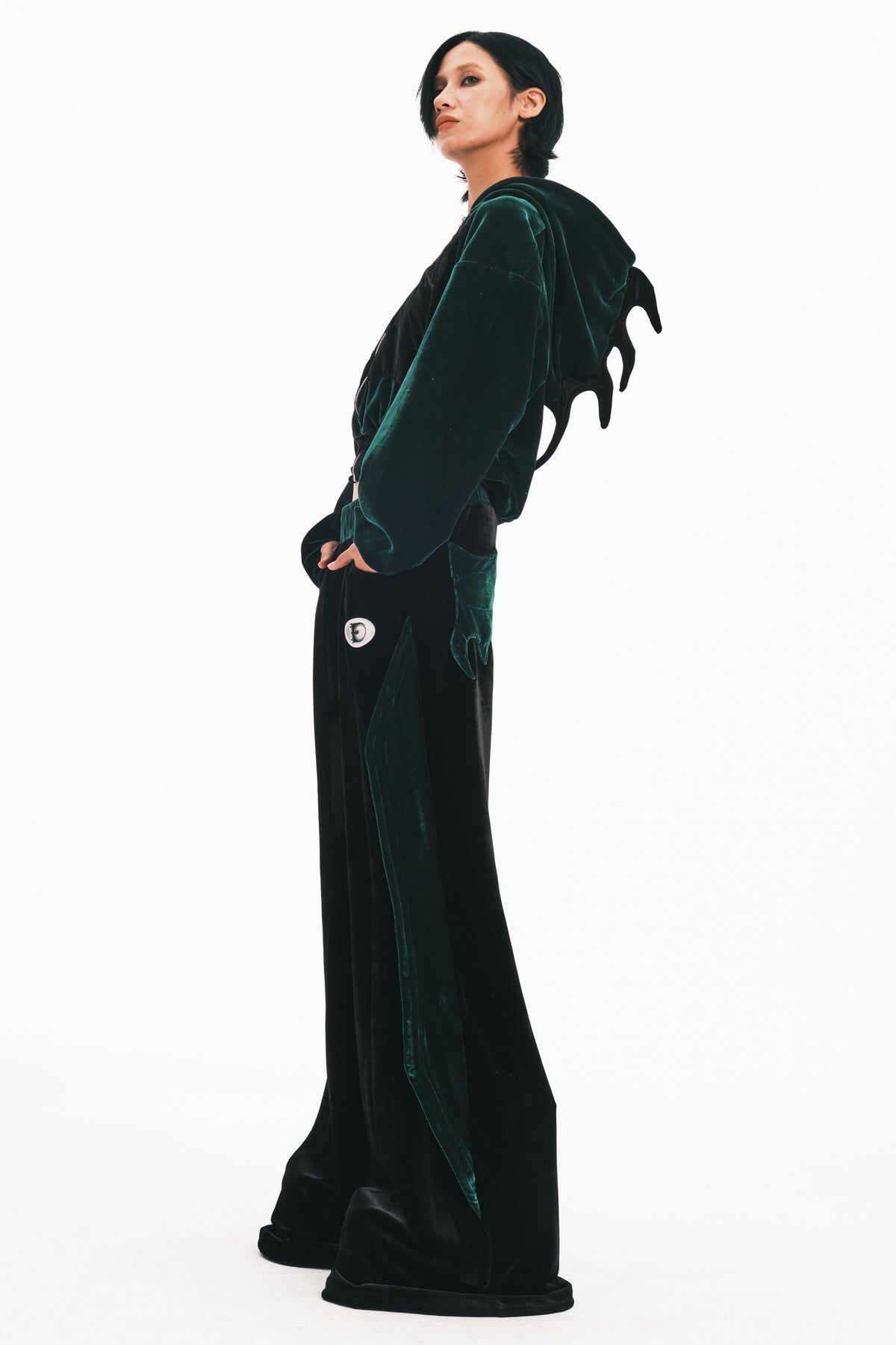 EMBRYO GREEN SPIKE velvet wide-leg pants — product-only front view