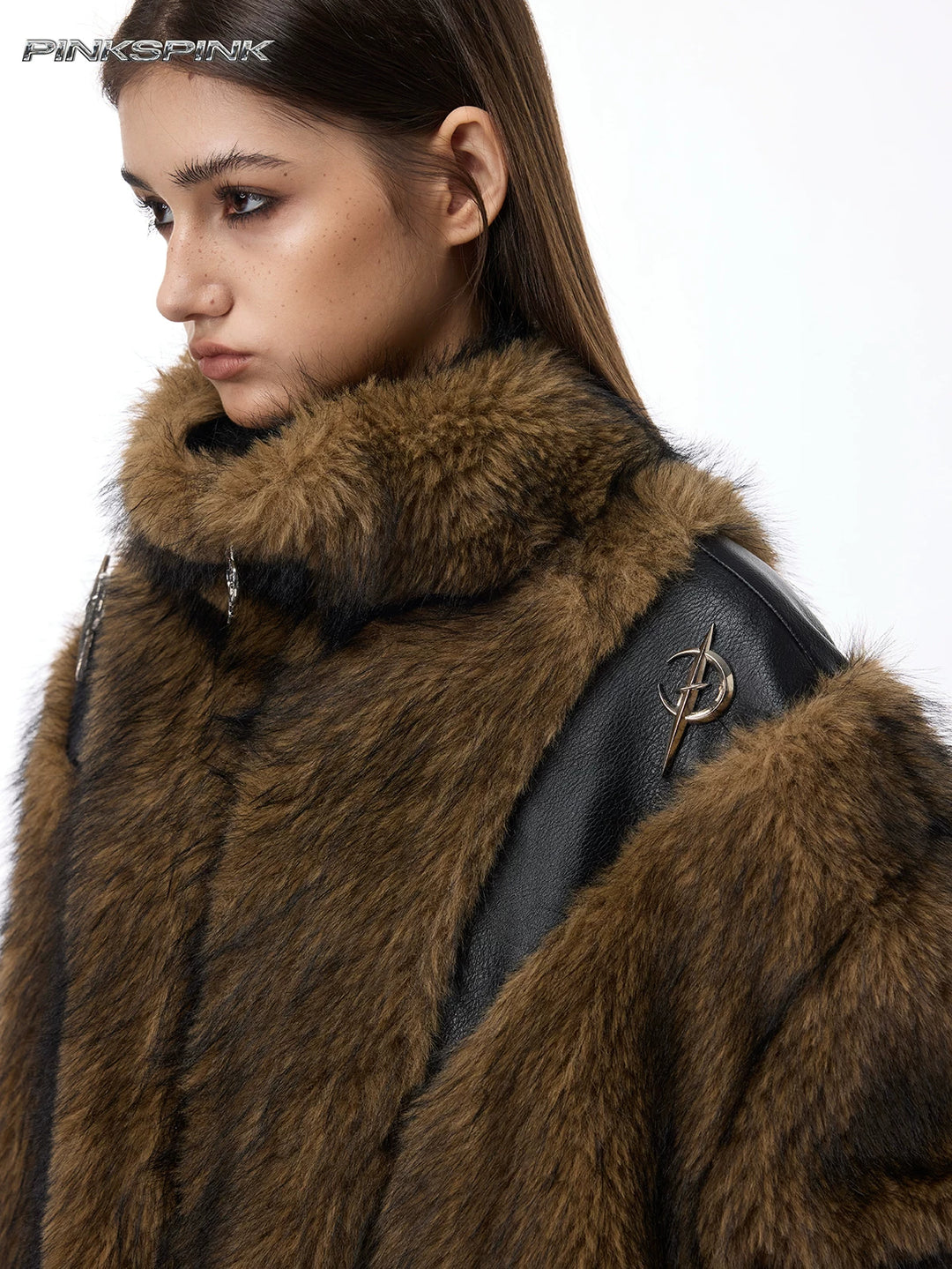 PINKSPINK ELECTRIC MOON paneled faux-fur jacket — high collar and black shoulder panel close-up
