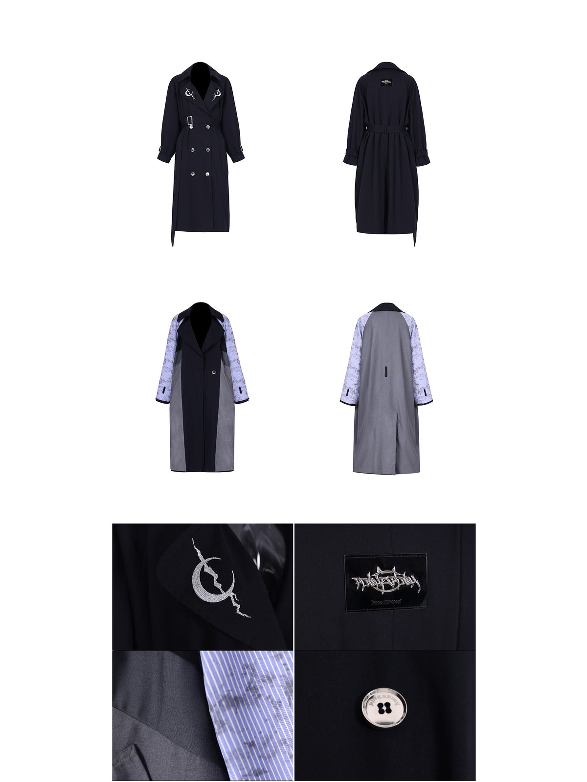 PINKSPINK ELECTRIC MOON reversible patchwork trench coat in black and gray — garment comparison with close-ups of embroidery, brand hardware, fabric and buttons
