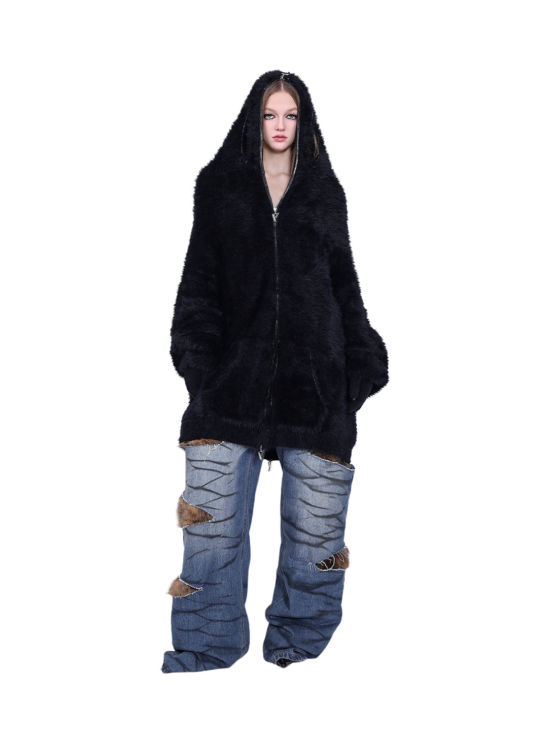 LEOPARD FUR LAYERED LOW-WAIST DENIM