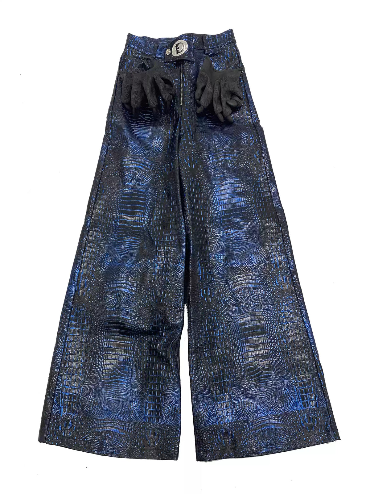 EMBRYO CLAW ARMOR crocodile-effect wide-leg pants — flat garment-only view