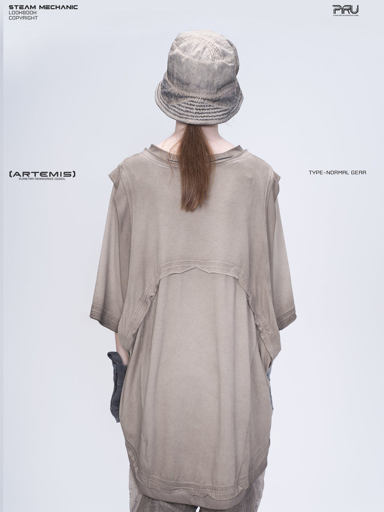 PIONEER mercury brown distressed nylon bucket hat — rear modeled view showing the crown seams
