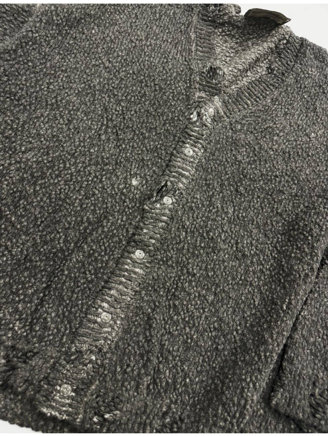 PIONEER moon dust gray moon-protection distressed sweater — close-up of the distressed button placket and textured cotton knit