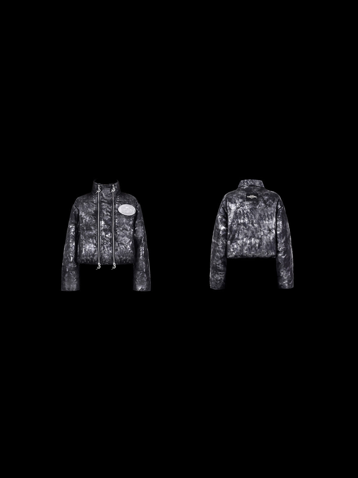 PINKSPINK ELECTRIC MOON metallic cropped puffer jacket — front and back garment-only views