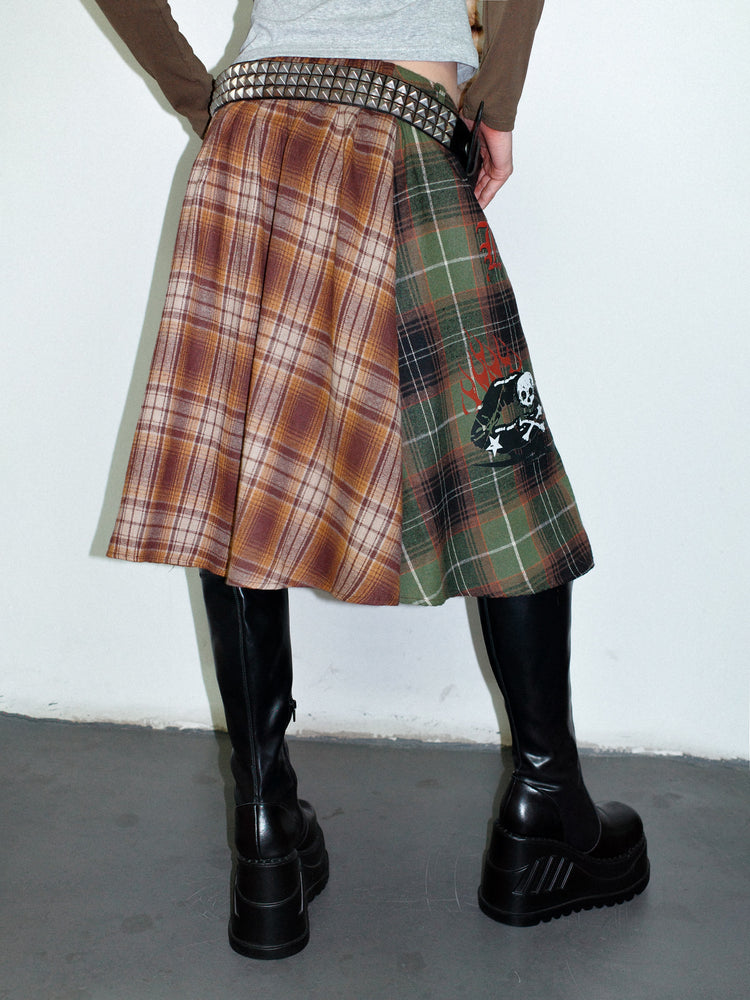 DeadEndKids BadGals Club double-sided plaid A-line skirt — green-brown reverse-panel view