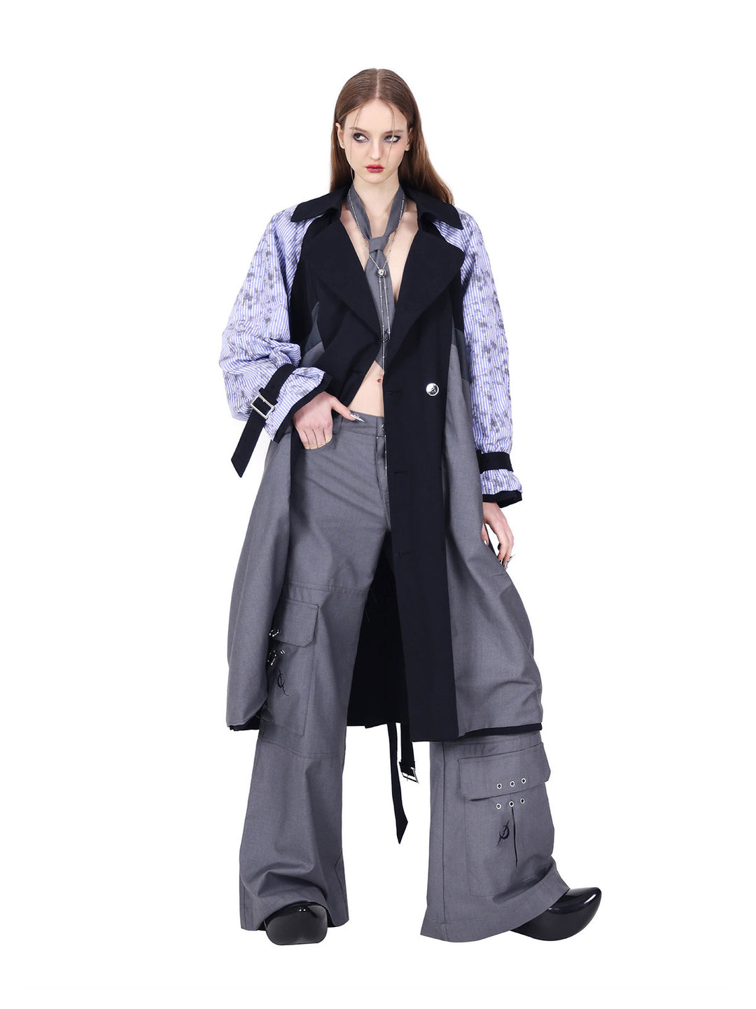 PINKSPINK ELECTRIC MOON reversible patchwork trench coat in black and gray — open-front reverse counterpart to gallery image four