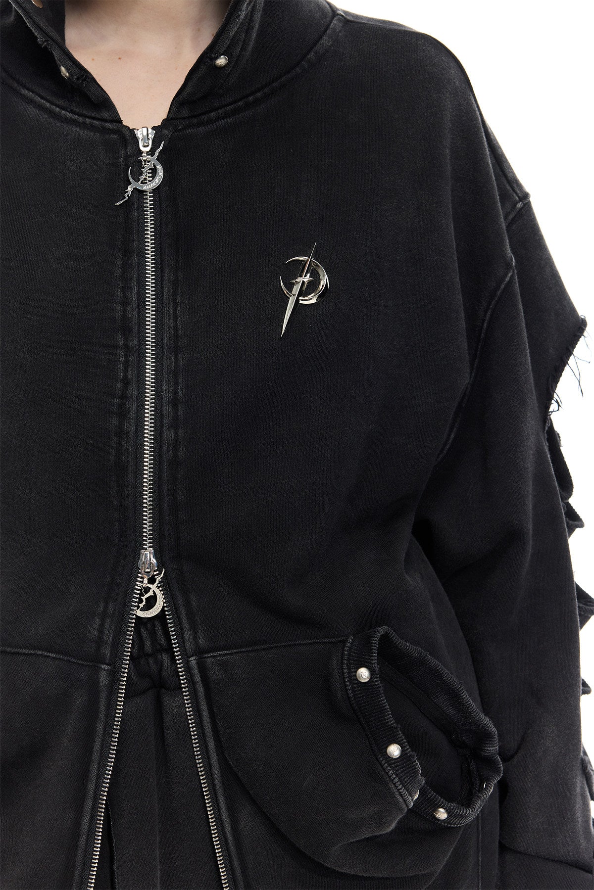 PINKSPINK REMAKE studded distressed zip-up hoodie — full-length modeled styling view