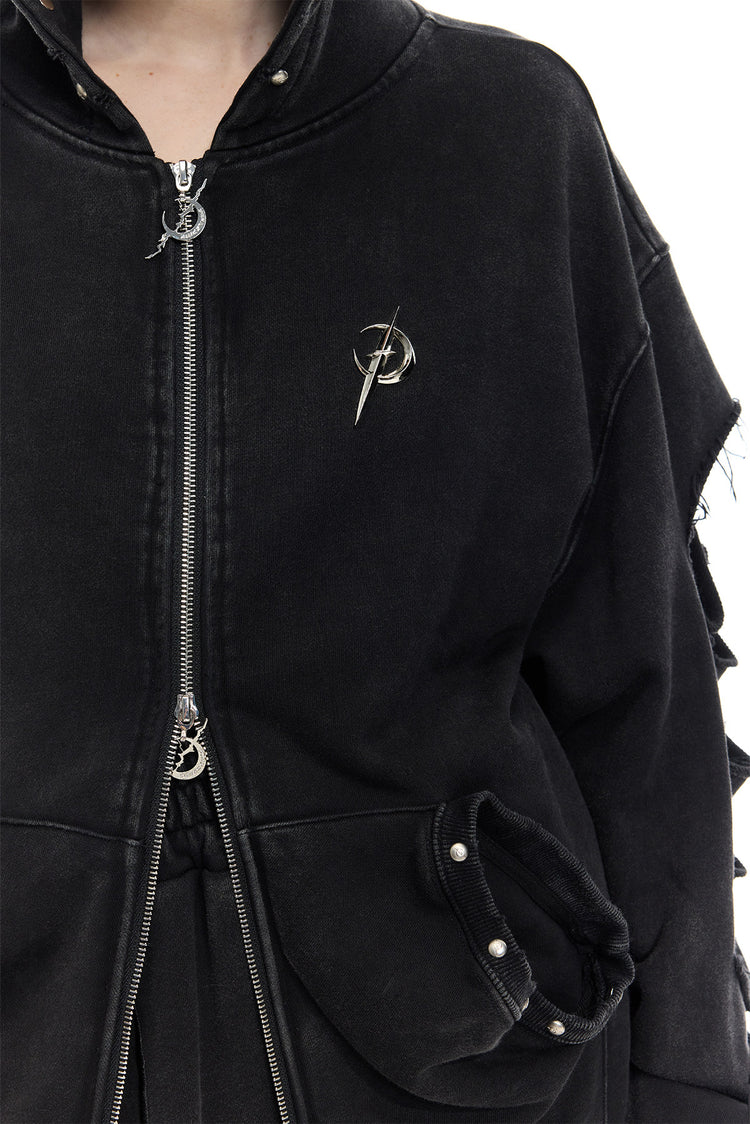 PINKSPINK REMAKE studded distressed zip-up hoodie — full-length modeled styling view