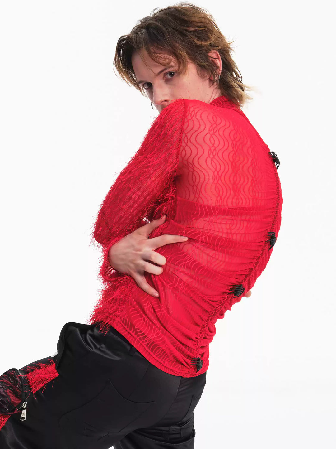 EMBRYO RED SPIDER distressed mesh top — side profile