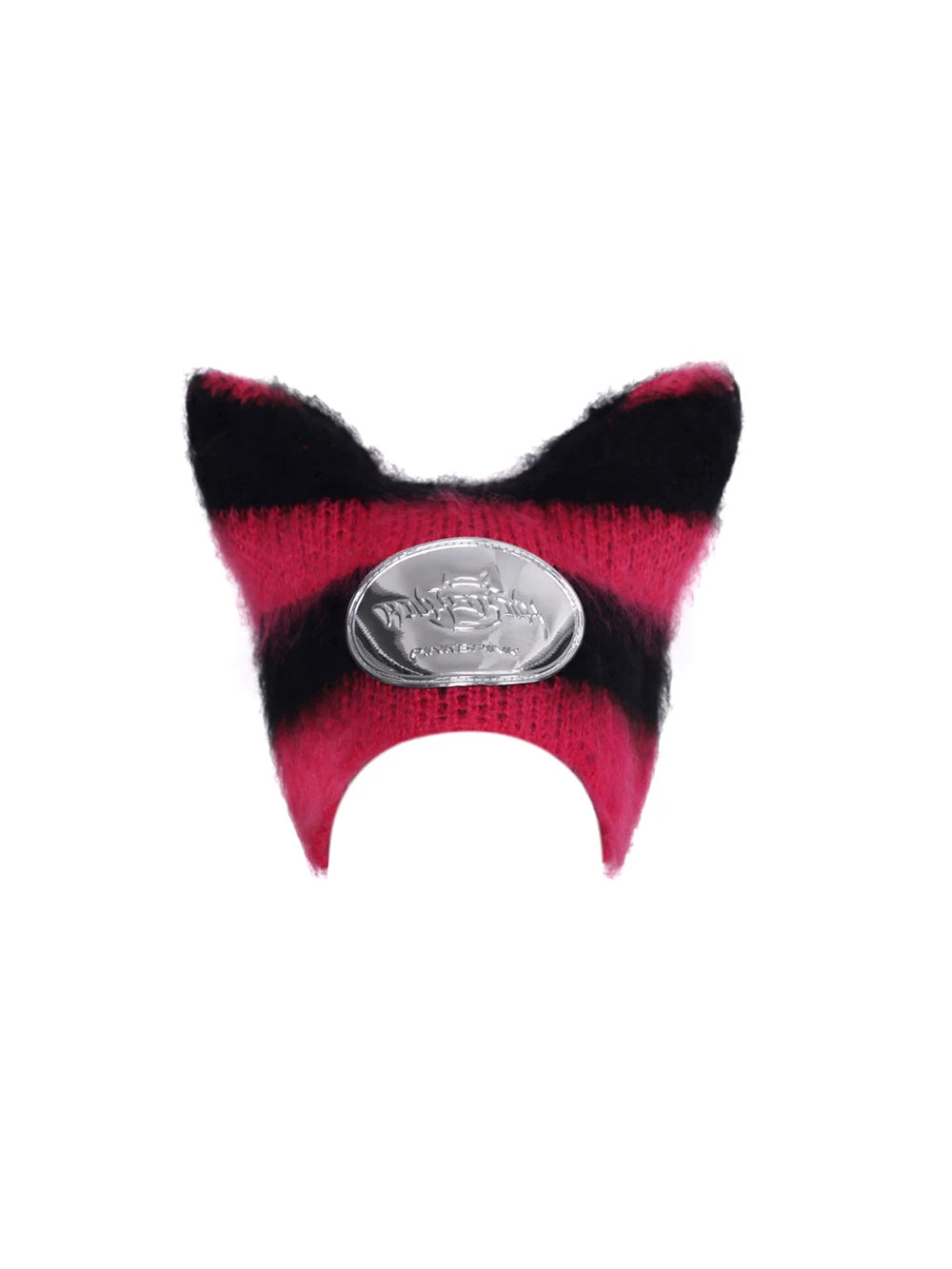 PINKSPINK SPHYNX striped cat-ear knit hat in black pink — front garment-only view showing the oval silver-tone badge