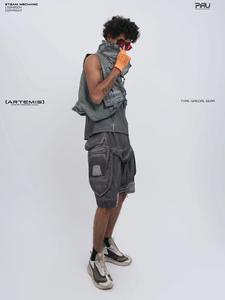 AEGIS stellar blue distressed mesh tank top — full-length styled angled front view with raised vest collar