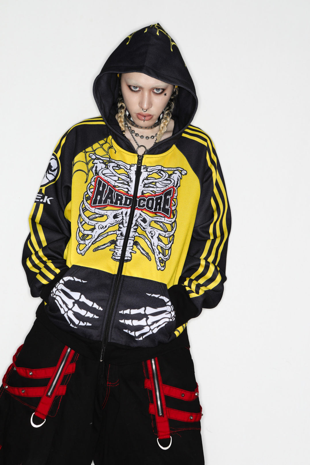 DeadEndKids Hardcore Generation skeleton zip-up hoodie — modeled front, hood up