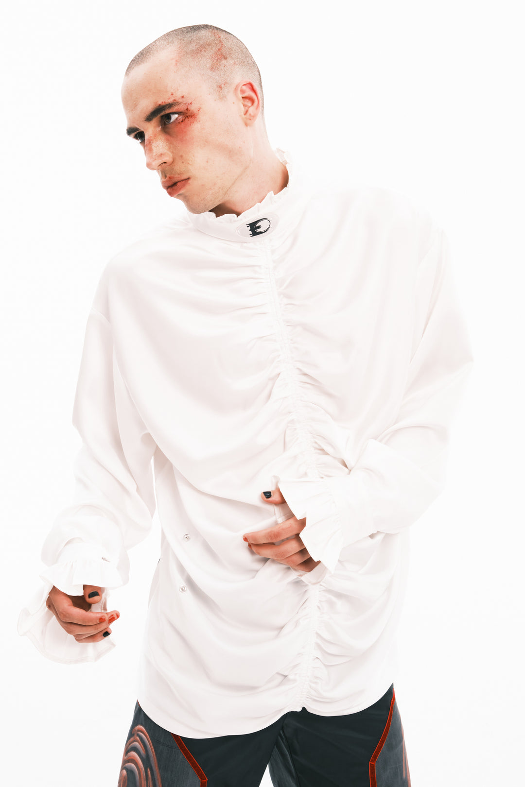 EMBRYO COURT TOTEM velvet-frill mock-neck shirt — material and hardware detail