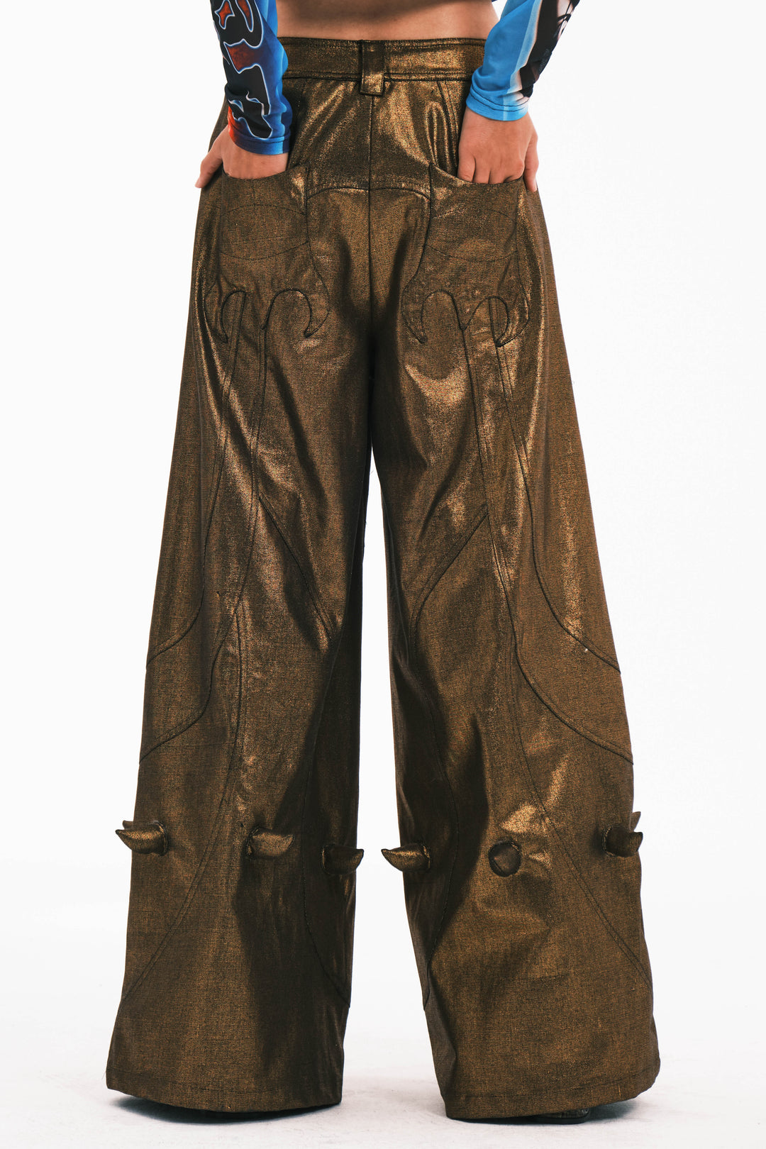 EMBRYO GOLD SPIKE metallic wide-leg pants — full-length modeled view