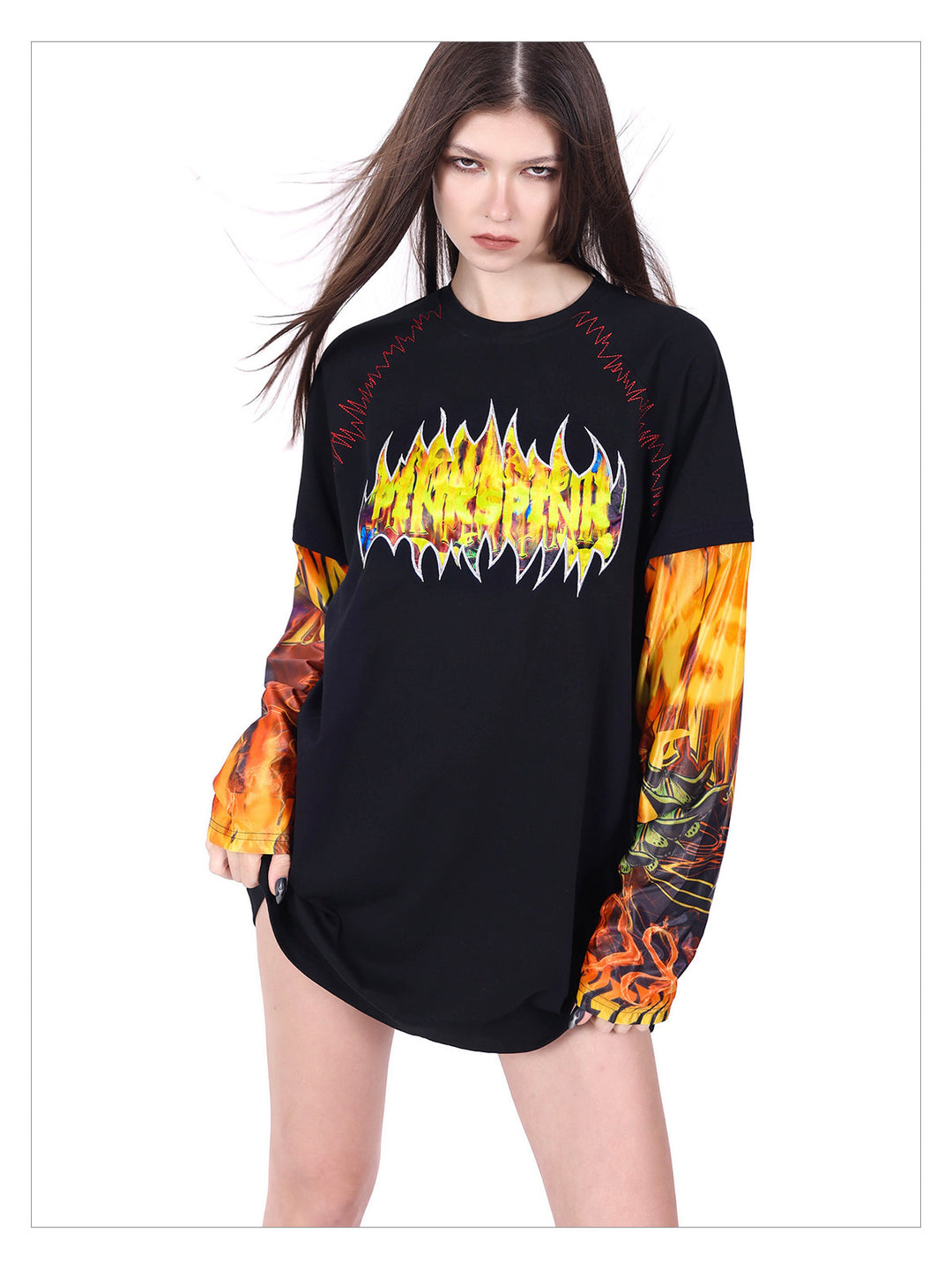 PINKSPINK FIRE CAT layered-sleeve graphic tee — modeled front styling view