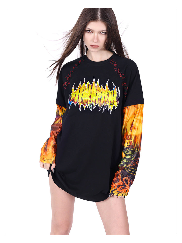 PINKSPINK FIRE CAT layered-sleeve graphic tee — modeled front styling view