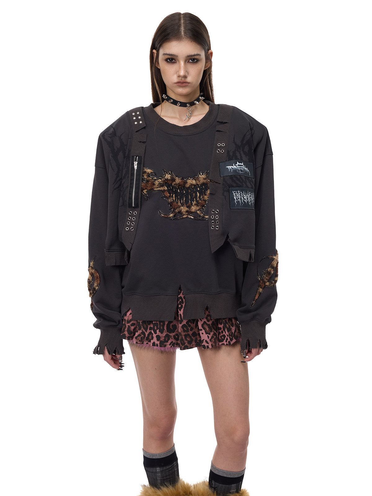 PINKSPINK LEOPARD RIOT two-way layered sweatshirt — front modeled view of graphic patches and layered panels