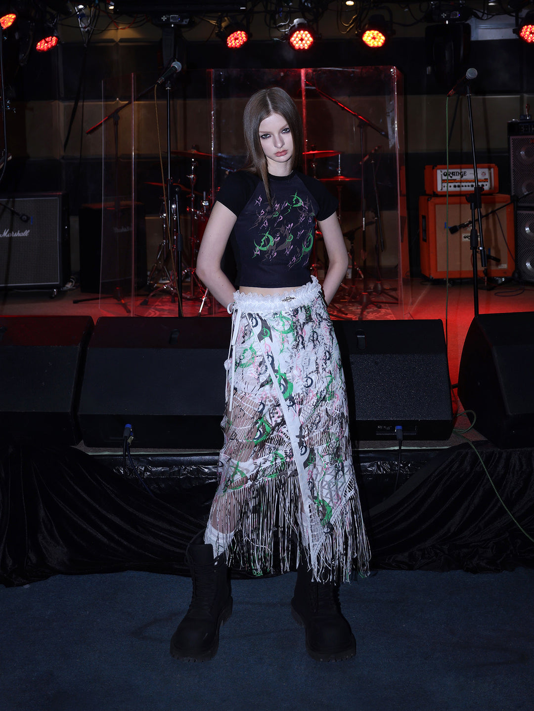 PINKSPINK ELECTRIC MOON fitted mesh crop tee — full-length front modeled view styled with a white layered skirt
