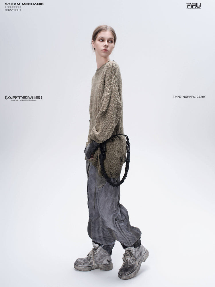 ARTEMIS distressed reversible knit sweater, mercury brown — full side view with waist styling showing the sweater's side drape