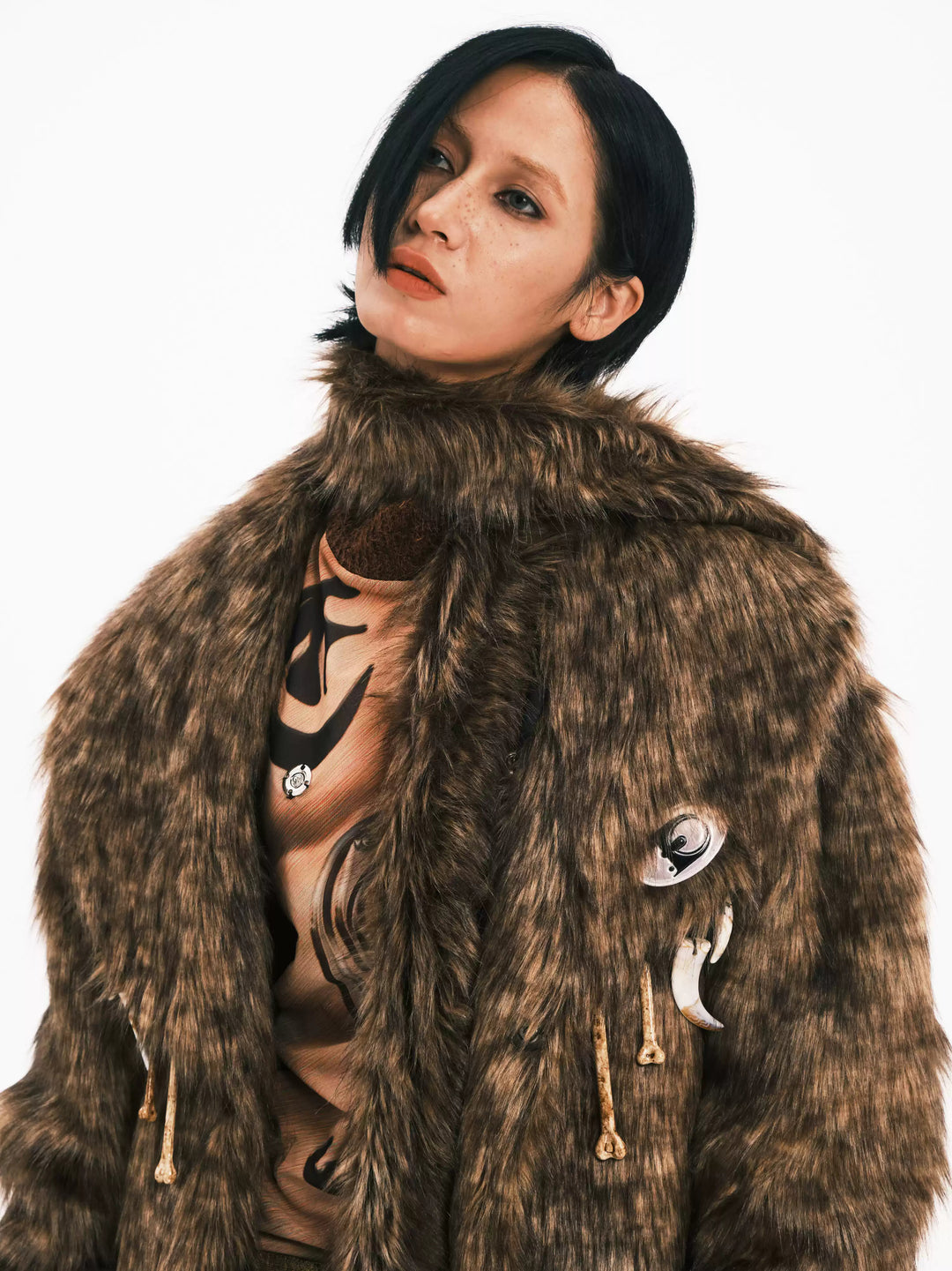 EMBRYO PRIMAL BONE mid-length faux-fur coat — rear or construction presentation