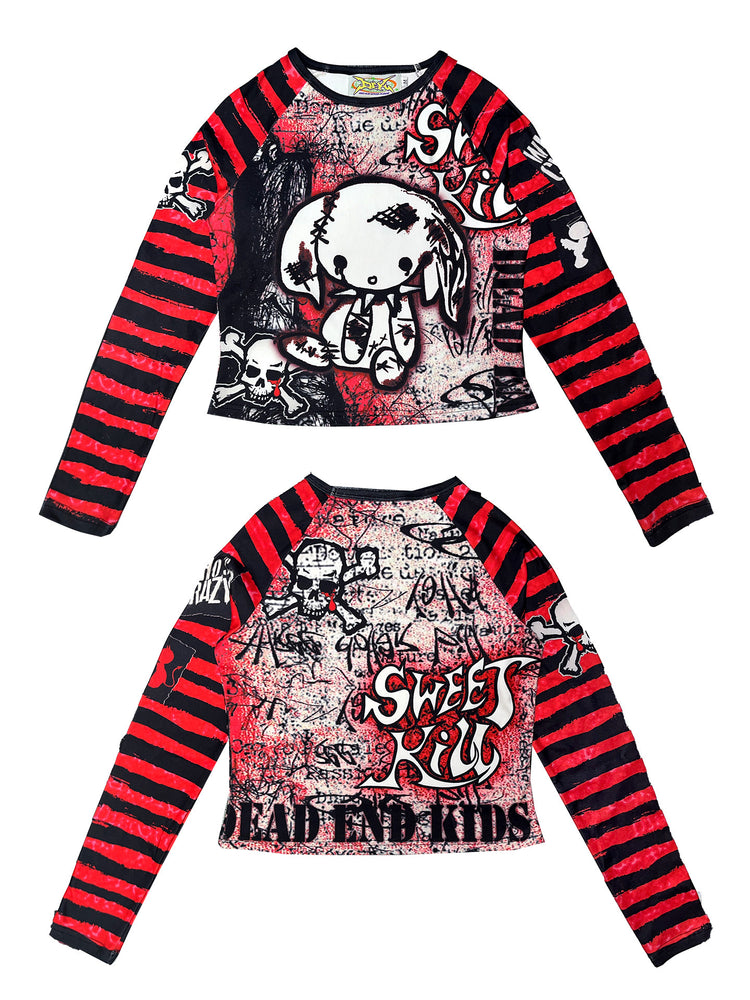 DEADENDKIDS GIRL KILLER cropped graphic top — material and print detail