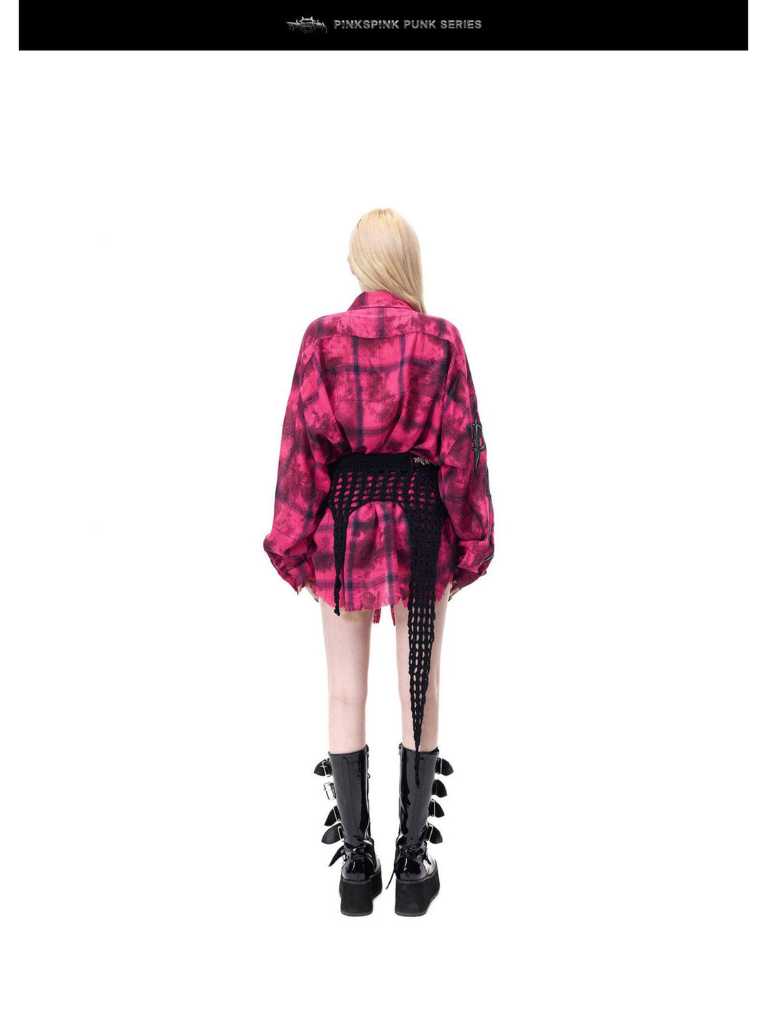 PINKSPINK ELECTRIC MOON distressed oversized plaid shirt in pink and black plaid — full-length back modeled view with a knit waist wrap