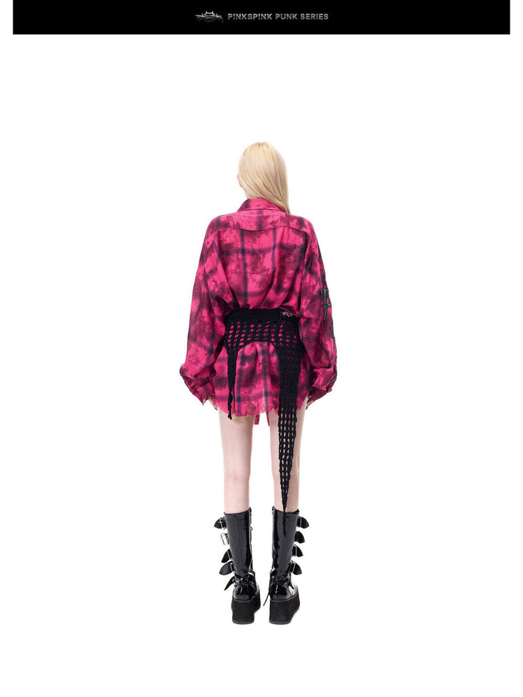 PINKSPINK ELECTRIC MOON distressed oversized plaid shirt in pink and black plaid — full-length back modeled view with a knit waist wrap