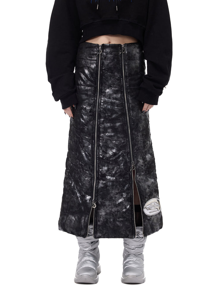 PINKSPINK ELECTRIC MOON metallic double-zip maxi skirt — front skirt detail showing double zippers