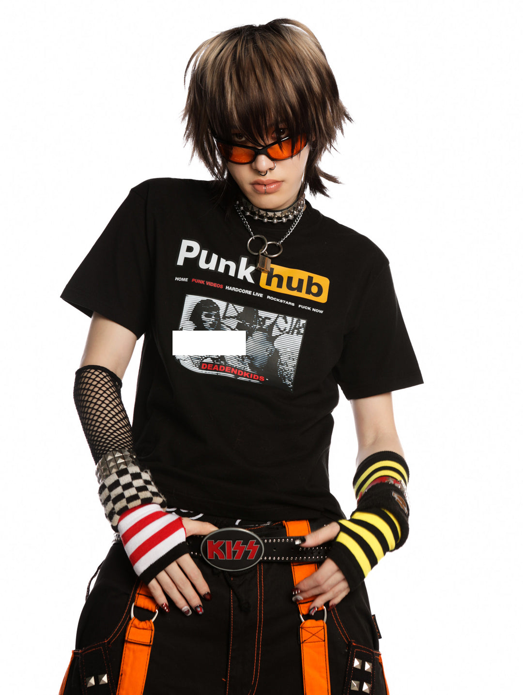 DeadEndKids PunkHub black graphic T-shirt — front print detail